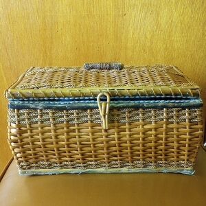 Vintage German Woven Wicker Tan & Blue Sewing Box w/ Supplies, Removable Tray